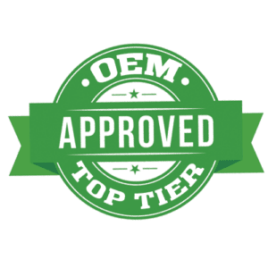 Green circular badge with ribbon banner reading “OEM Approved Top Tier” in white text.