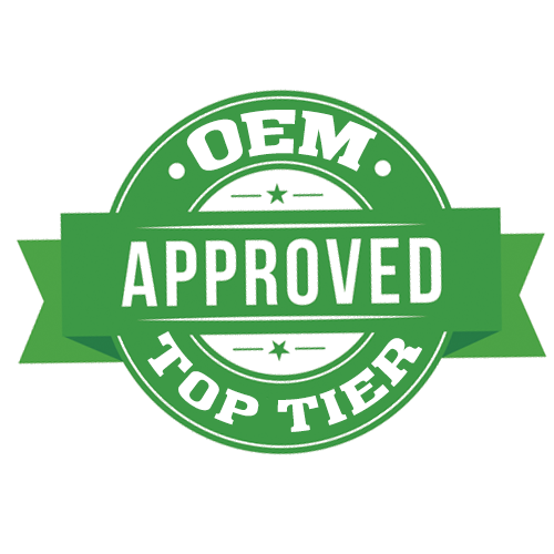 Green circular badge with ribbon banner reading “OEM Approved Top Tier” in white text.