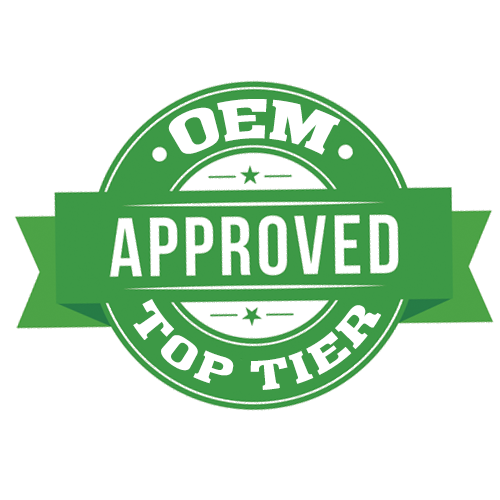 Green circular badge with ribbon banner reading “OEM Approved Top Tier” in white text.