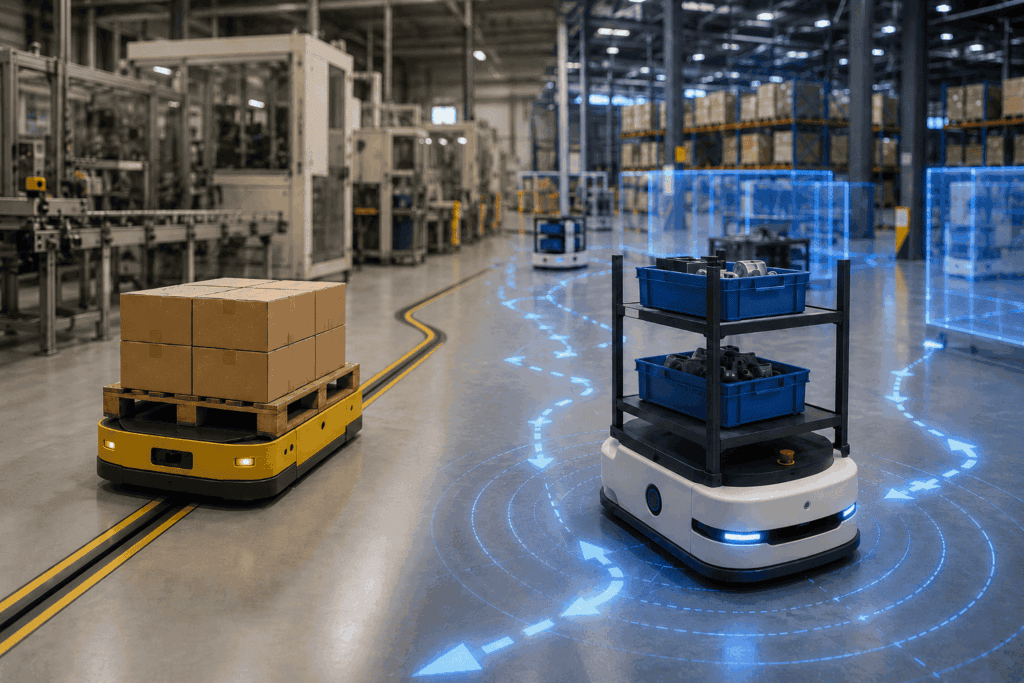 AGV and AMR robots operating in a warehouse, showing fixed-path transport and autonomous mobile robot navigation.