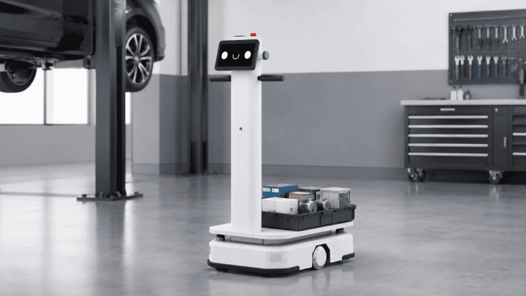 Image of White autonomous mobile robot carrying shop supplies in a modern service department