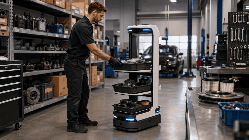 Image of Technician loading automotive parts onto an autonomous mobile robot in a service shop parts area