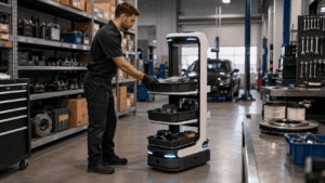 Image of Technician loading automotive parts onto an autonomous mobile robot in a service shop parts area