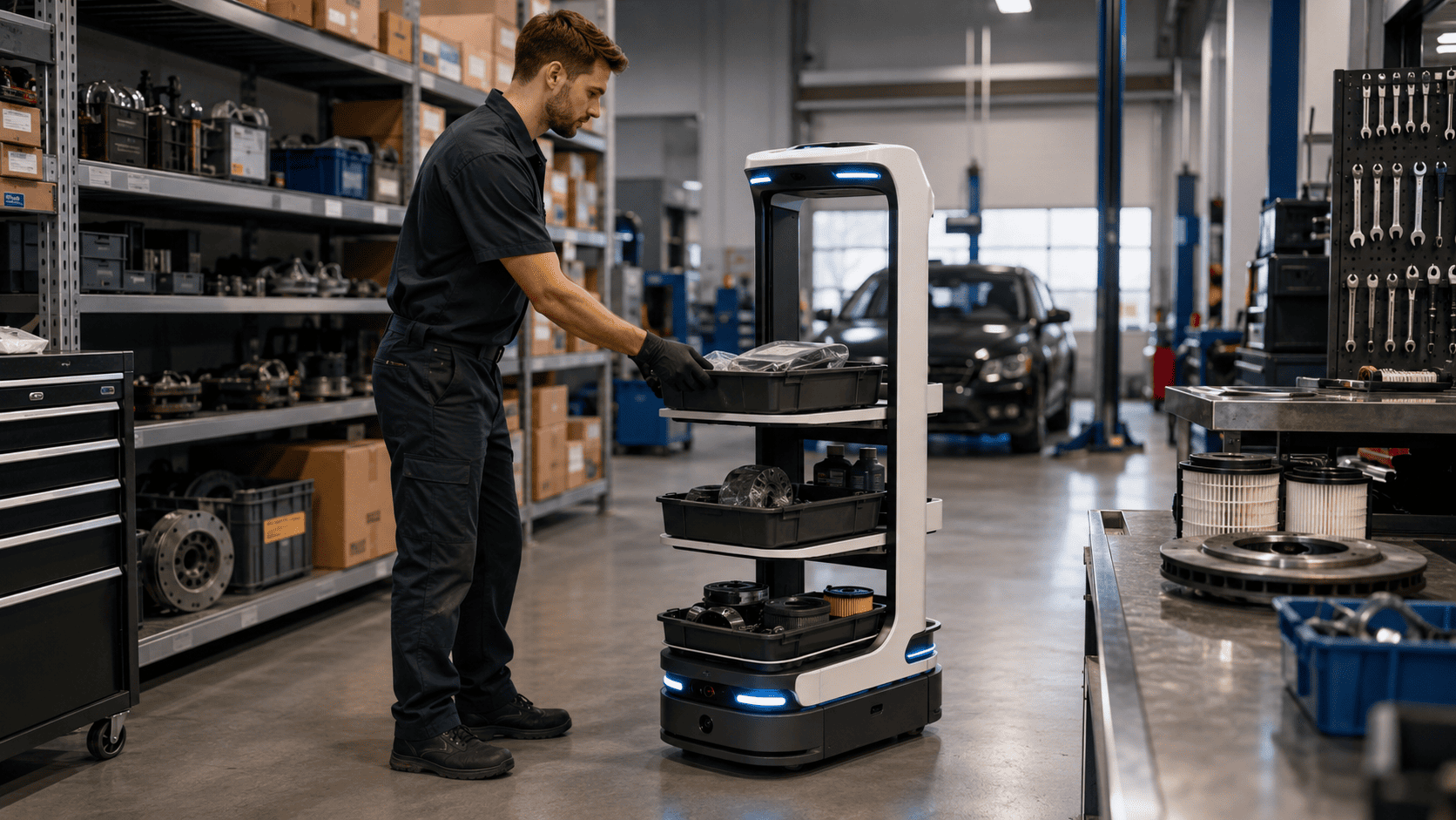 Image of Technician loading automotive parts onto an autonomous mobile robot in a service shop parts area