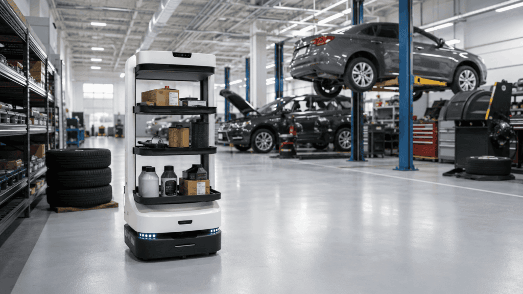 Image of Autonomous mobile robot carrying parts and supplies through an automotive service facility