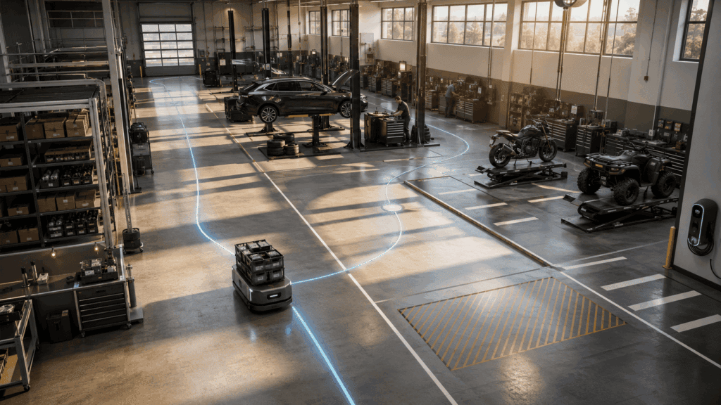 Autonomous mobile robot following a planned route through an automotive and powersports service facility.