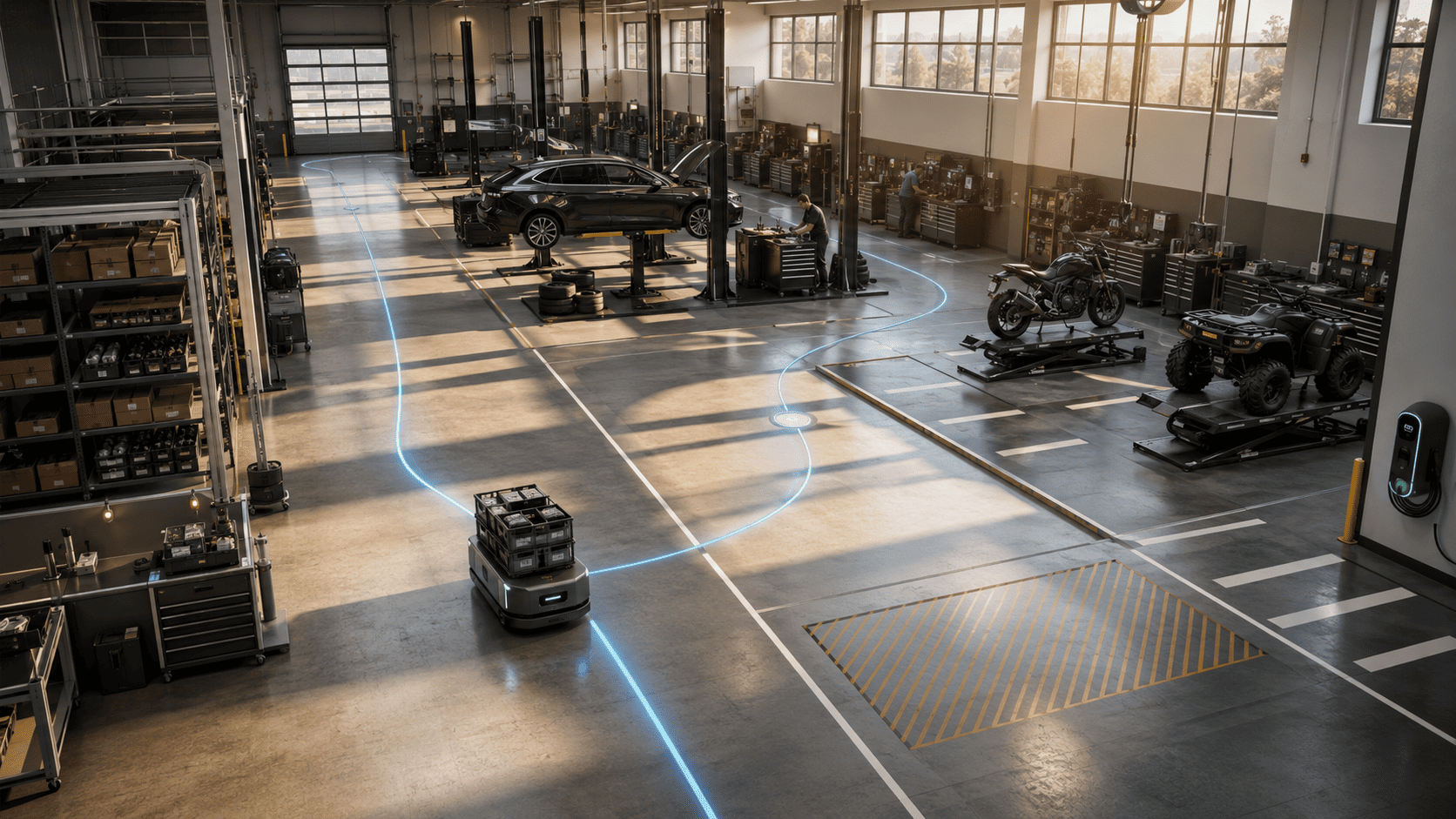 Autonomous mobile robot following a planned route through an automotive and powersports service facility.