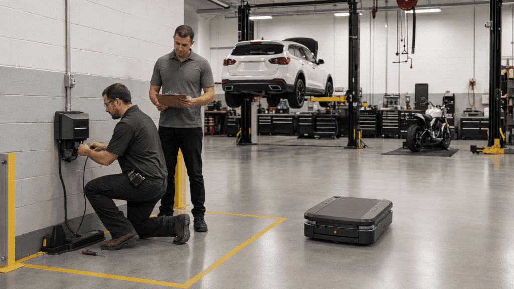 Two employees preparing and testing a dedicated AMR charging area inside the service facility.