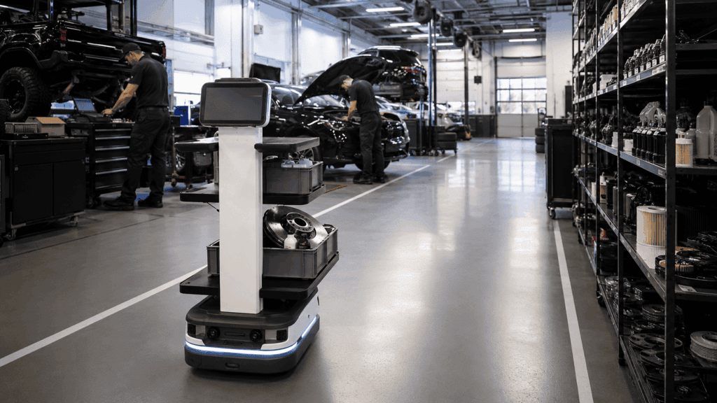 Service department workflow automation with a PUDU T300 delivering automotive parts between service bays