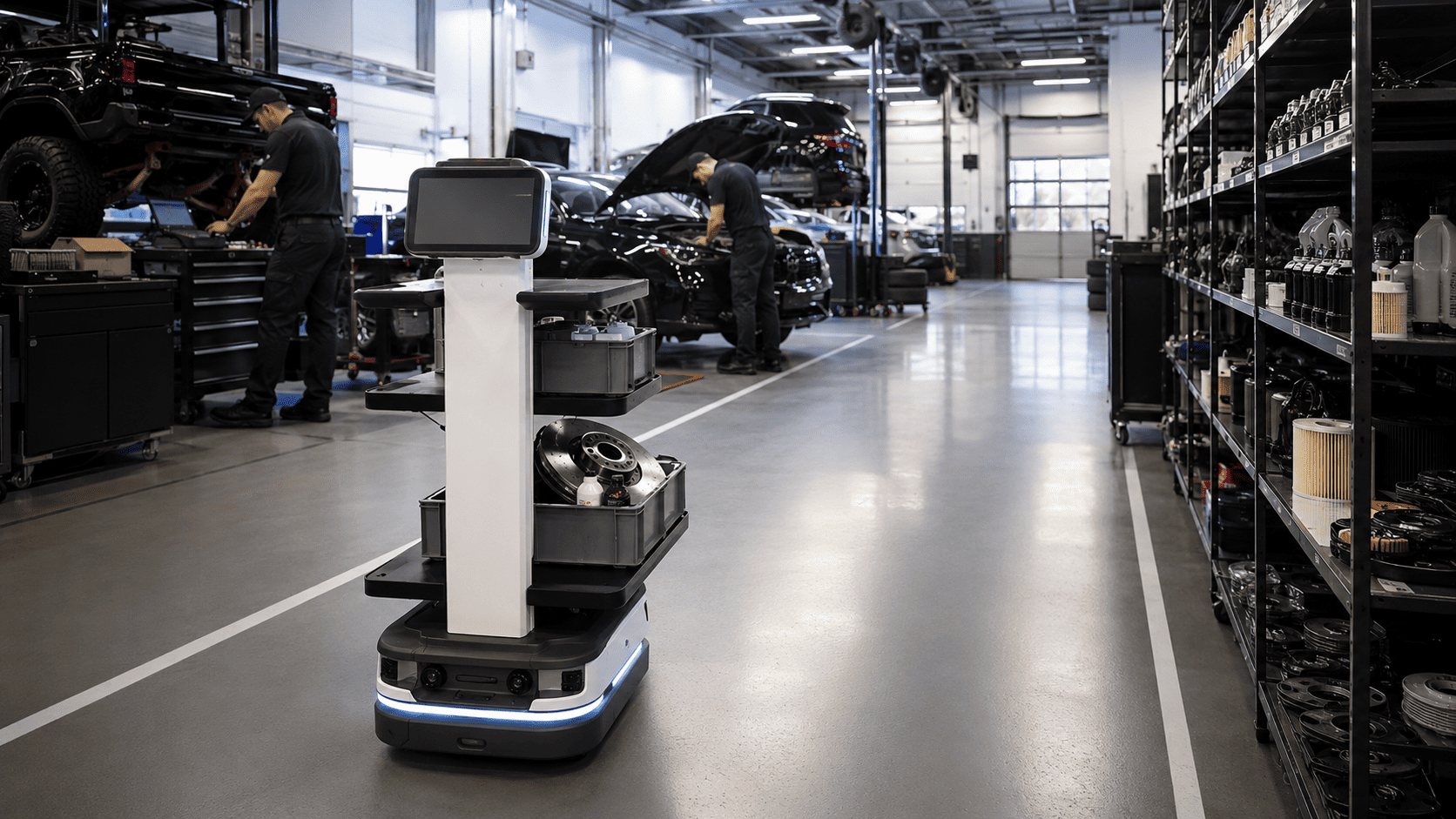 Service department workflow automation with a PUDU T300 delivering automotive parts between service bays
