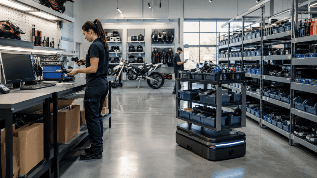 Service department workflow automation using an autonomous mobile robot in a powersports parts area