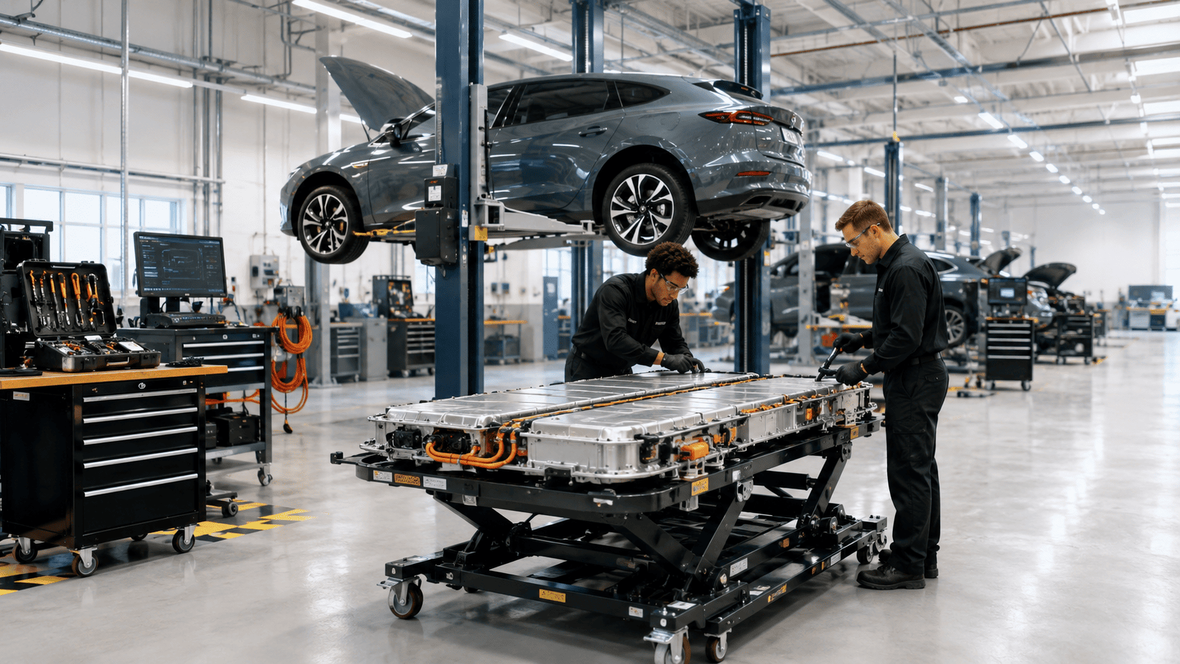 EV hybrid vehicle service with technicians handling an EV battery pack