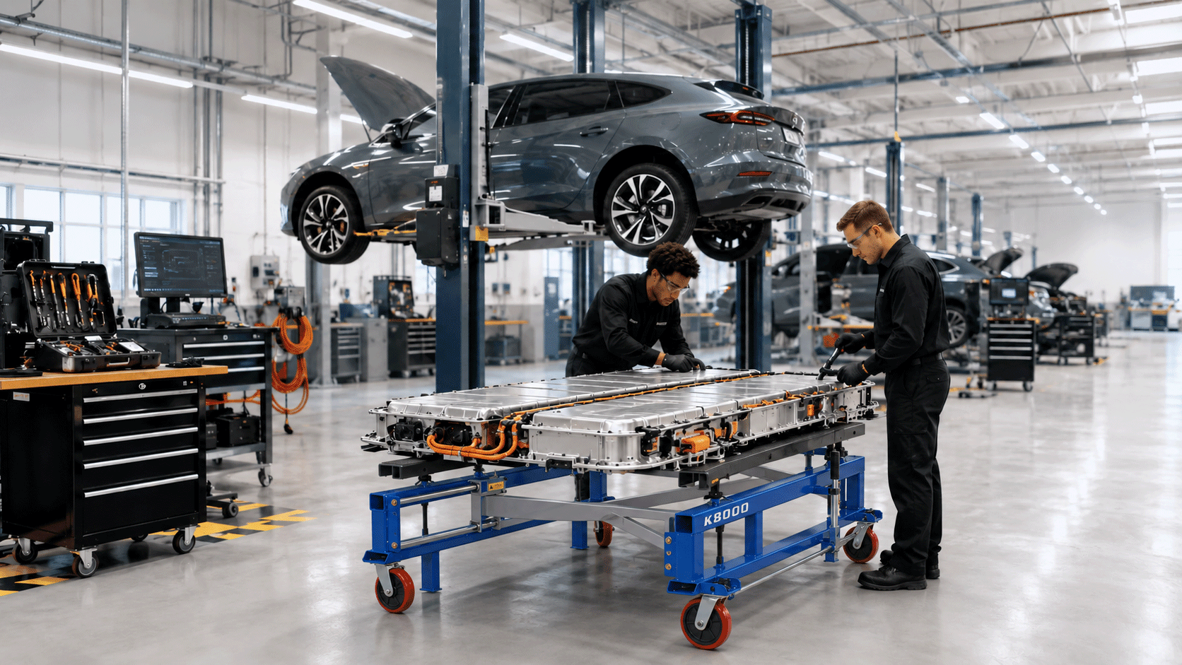 EV hybrid vehicle service with technicians handling an EV battery pack