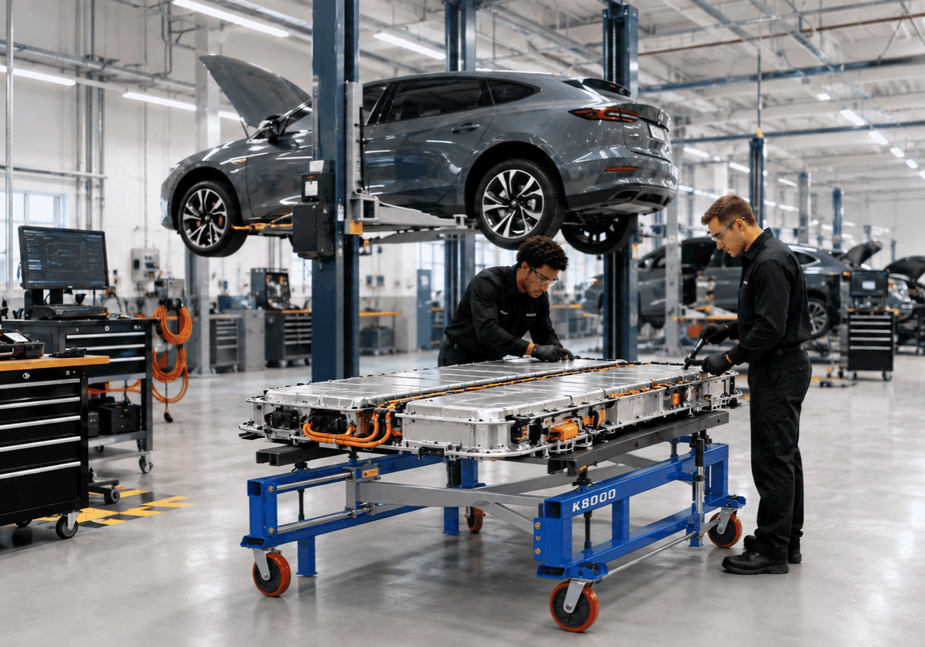 EV hybrid vehicle service with technicians handling an EV battery pack